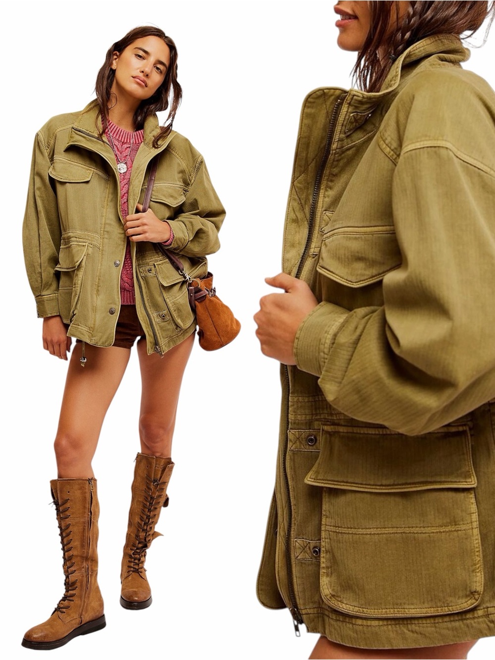 Free People – Arya Utility Jacket – Olive Green Military Cargo Jacket – Sz. L